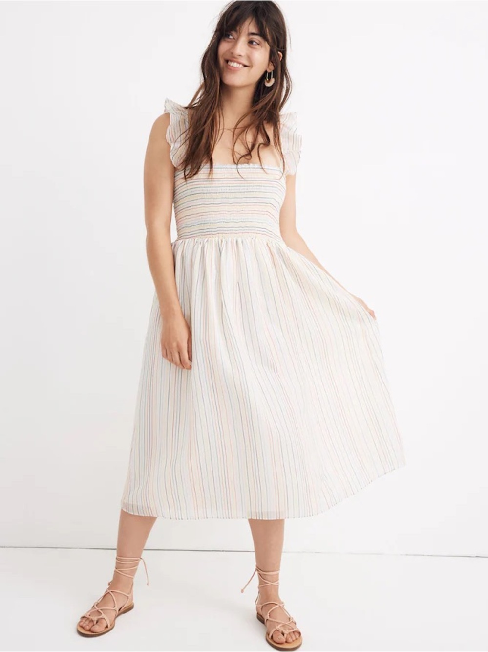 Madewell‎ XS Rainbow Stripe Ruffle Strap Smocked Midi Dress Cottagecore Boho